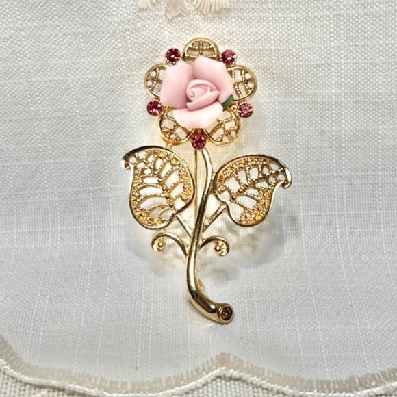 1928 Brand Gold Bridal Wedding Brooch, Vintage Floral Brooches, Bridal Jewelry - Picture 6 of 10